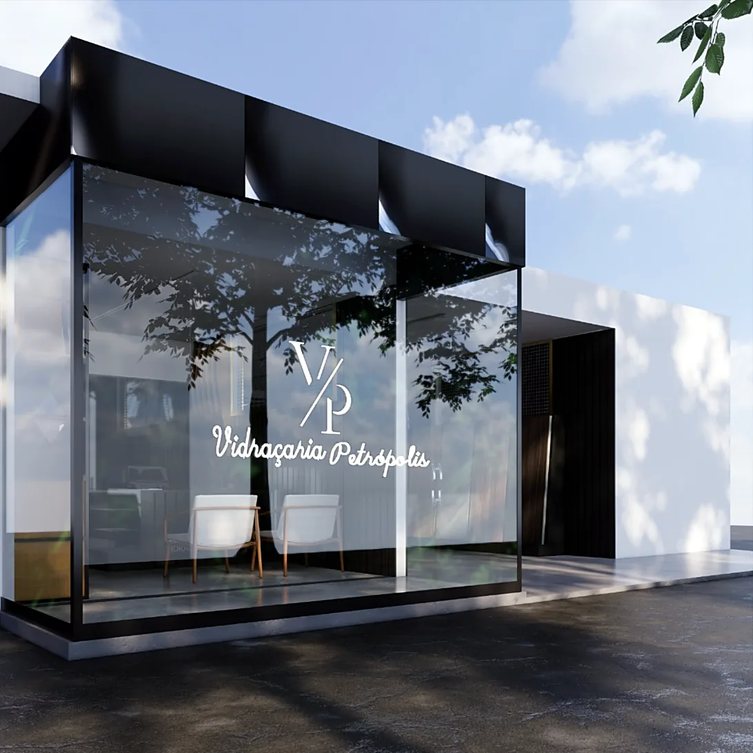 Projeto de fachada em vidro com a identidade visual da Vidraçaria Petrópolis